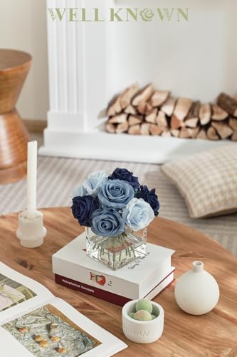 Silk Rose Artificial Flowers in Blue Vase with Faux Water