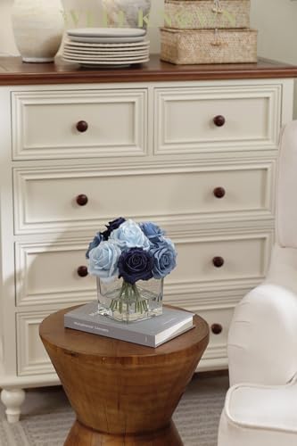 Silk Rose Artificial Flowers in Blue Vase with Faux Water