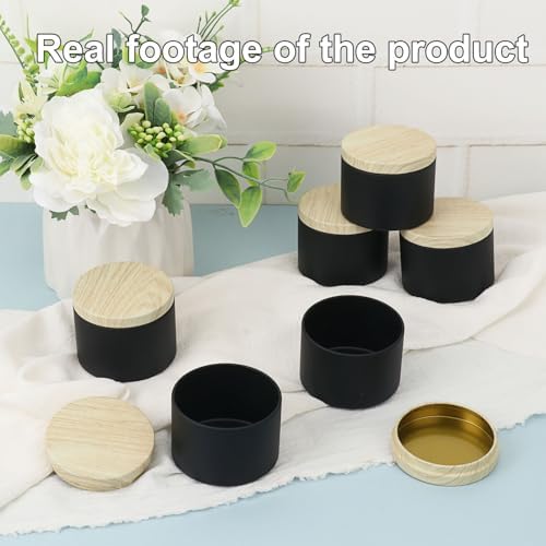 48 Pack 4 Oz Black Metal Candle Tins with Wood Grain Lids
