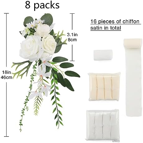 Wedding Chair Decorations 8pcs Artificial Flowers with Chiffon Ribbons