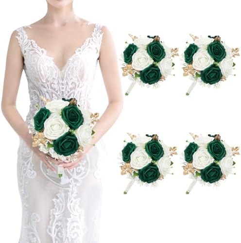 Wedding Bridesmaid Bouquet Set of 4 Artificial Flowers Emerald White Gold