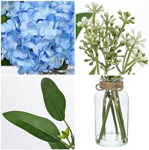 Hollyone Blue Hydrangea Artificial Flowers in Clear Glass Vase