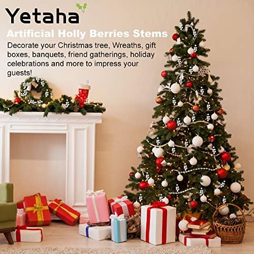 Yetaha 10 Pcs Artificial Holly Berries with Silver Fruits