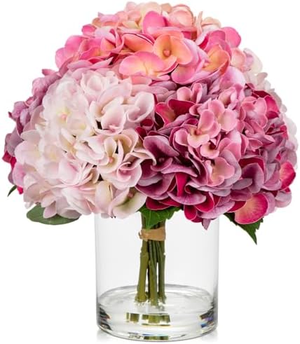 Hollyone Realistic Pink Hydrangea Artificial Flowers in Glass Vase