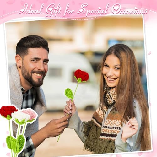 Riceshoot 12 Pcs Handmade Crochet Roses Bouquet Gifts