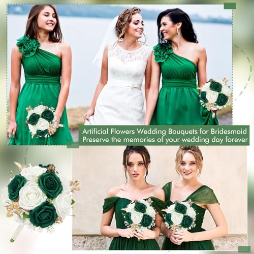 Wedding Bridesmaid Bouquet Set of 4 Artificial Flowers Emerald White Gold