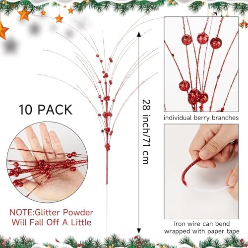 28 Inch White Glitter Berry Stem Christmas Decor - 10 PCS