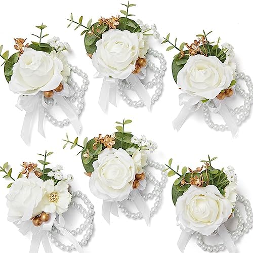 Serwalin 6Pcs White Prom Corsage Wristlet Set