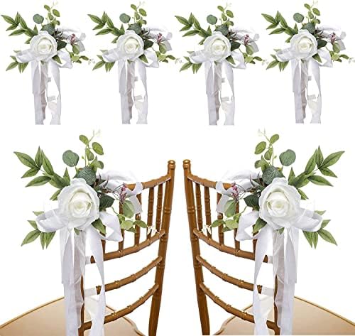 6PCS Wedding Chair Decorations with Flowers and Ribbons