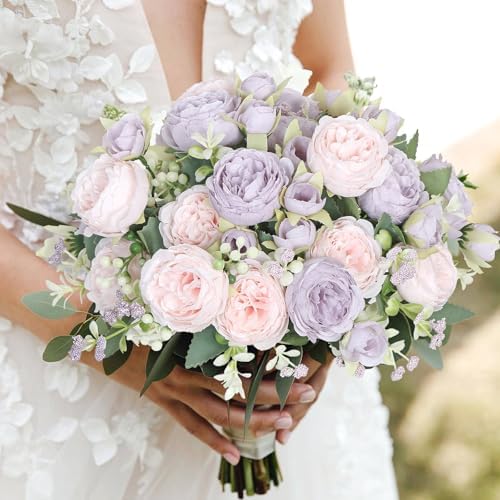 SOMYTING Artificial Peonies Flowers Bouquet Purple and Pink 2PCS