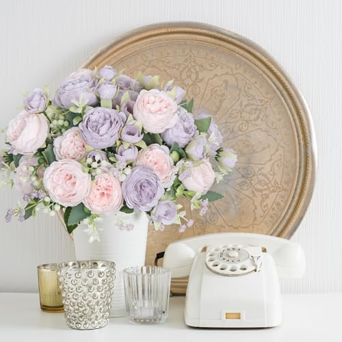SOMYTING Artificial Peonies Flowers Bouquet Purple and Pink 2PCS