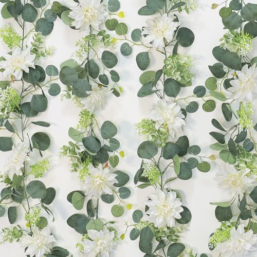 Dremisland Artificial Flowers Garland 2 Pack 12ft Eucalyptus with White Dahlias and Berries