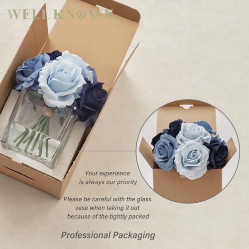 Silk Rose Artificial Flowers in Blue Vase with Faux Water