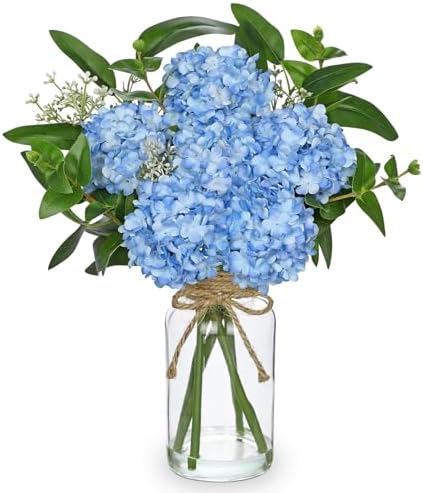 Hollyone Blue Hydrangea Artificial Flowers in Clear Glass Vase