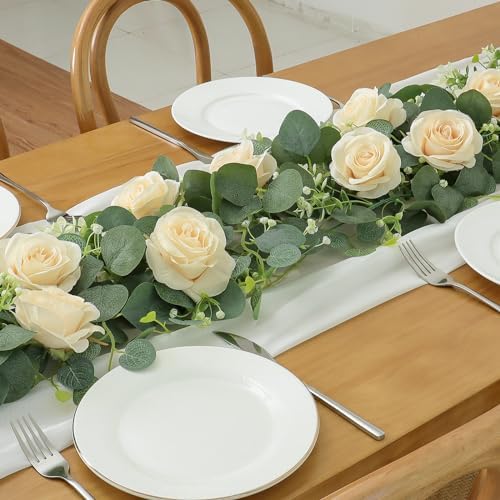 TOCHGREEN 2Pcs Artificial Eucalyptus Flower Garland with Champagne Rose and Gypsophila