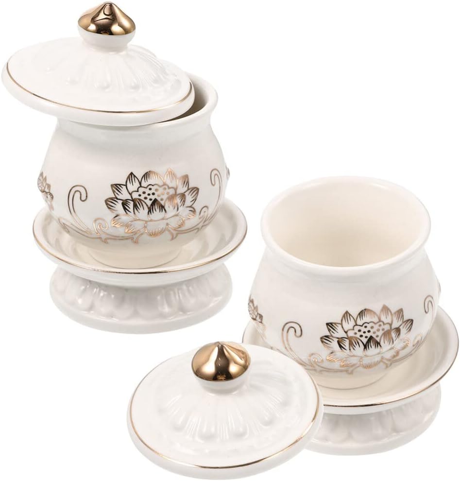 White Ceramic Water Offering Bowl Set 2pcs for Altar and Meditation
