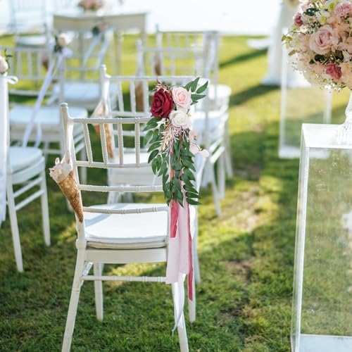 6PCS Wedding Artificial Aisle Chair Flowers Decor with Chiffon Ribbons