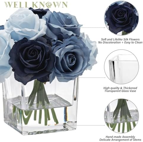 Silk Rose Artificial Flowers in Blue Vase with Faux Water