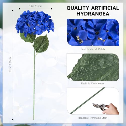 6 Pc Artificial Hydrangea Flowers Royal Blue Long Stems