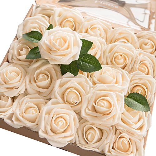 Lings Moment Artificial Flowers 50Pcs Cream Roses Decor with Stems