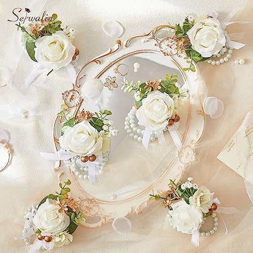 Serwalin 6Pcs White Prom Corsage Wristlet Set