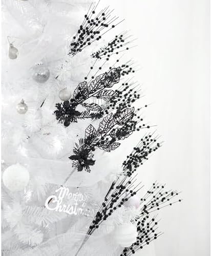 12 Pack Artificial Glitter Christmas Tree Picks Black with Berry Stems and Flowers
