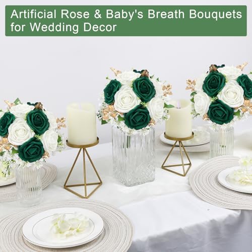 Wedding Bridesmaid Bouquet Set of 4 Artificial Flowers Emerald White Gold