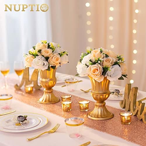 NUPTIO 6 Piece Champagne White Fake Flower Arrangement Bouquet with Base