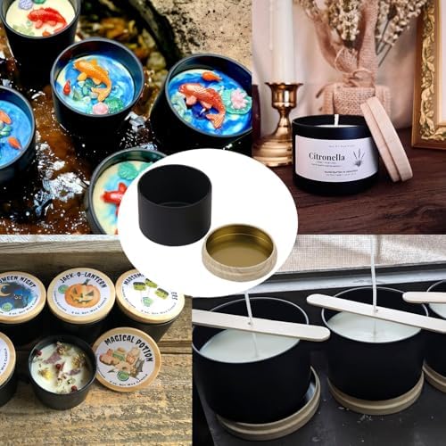 48 Pack 4 Oz Black Metal Candle Tins with Wood Grain Lids