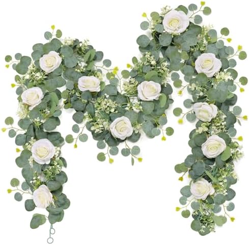 TOCHGREEN 2Pcs Artificial Eucalyptus Garland with White Roses and Gypsophila