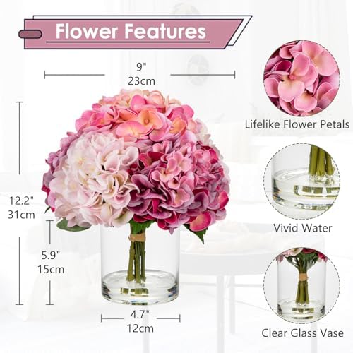 Hollyone Realistic Pink Hydrangea Artificial Flowers in Glass Vase