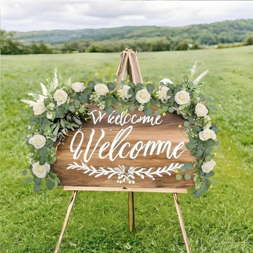 TOCHGREEN 2Pcs Artificial Eucalyptus Garland with White Roses and Gypsophila