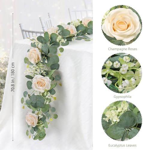 TOCHGREEN 2Pcs Artificial Eucalyptus Flower Garland with Champagne Rose and Gypsophila