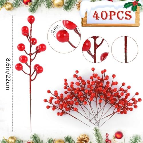 40 Pcs Red Artificial Berry Stems for Christmas Decor