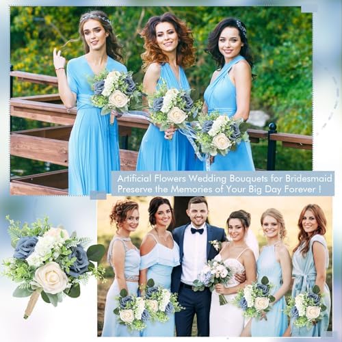 SEMONONIA 6 Piece Bridesmaid Bouquets Set - 7 Inch Artificial Flowers