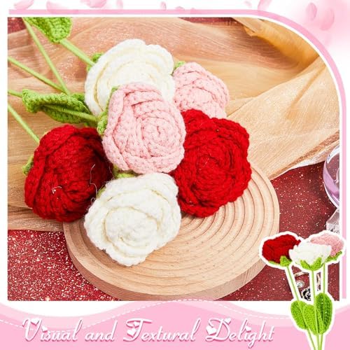 Riceshoot 12 Pcs Handmade Crochet Roses Bouquet Gifts