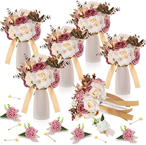 Karenhi 12 Pcs Artificial Wedding Bouquets and Boutonniere Set Rose White