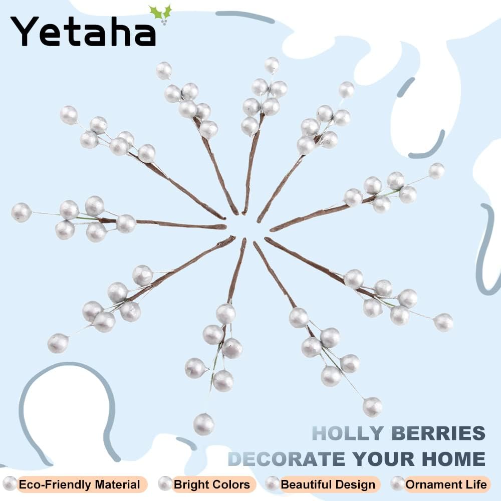 Yetaha 10 Pcs Artificial Holly Berries with Silver Fruits