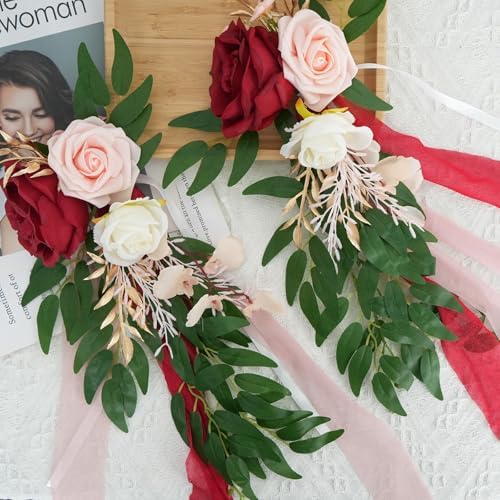 6PCS Wedding Artificial Aisle Chair Flowers Decor with Chiffon Ribbons