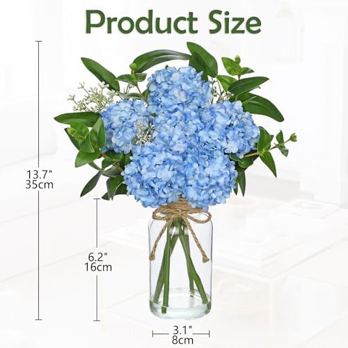 Hollyone Blue Hydrangea Artificial Flowers in Clear Glass Vase
