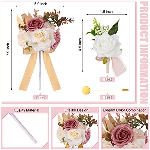 Karenhi 12 Pcs Artificial Wedding Bouquets and Boutonniere Set Rose White