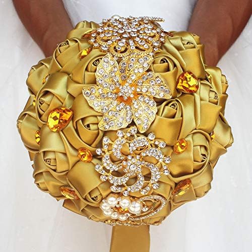 Gold Rhinestone Brooch Wedding Bouquet with Satin Roses and Crystals