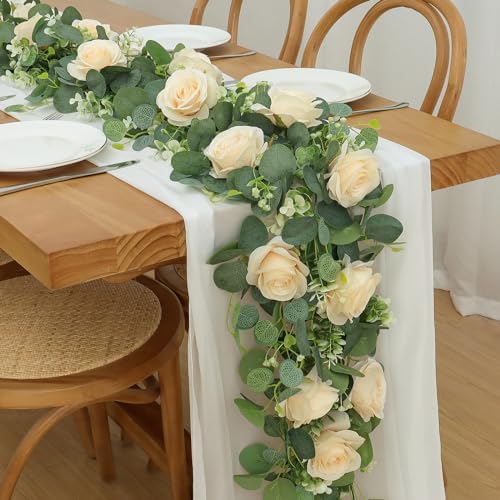 TOCHGREEN 2Pcs Artificial Eucalyptus Flower Garland with Champagne Rose and Gypsophila
