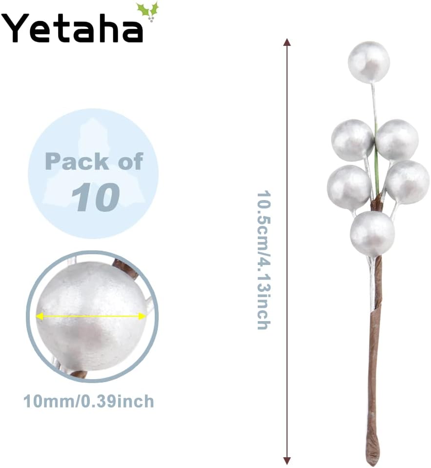 Yetaha 10 Pcs Artificial Holly Berries with Silver Fruits
