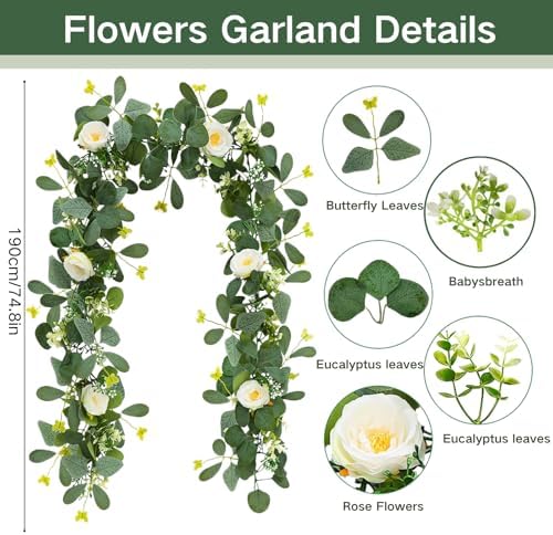 ASTRYAS 2 Pack Artificial Eucalyptus Garland with Flowers