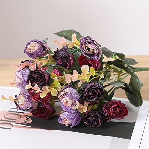 Duovlo 7 Stem 21 Mini Rose Artificial Flower Bouquet Pack of 4 Purple