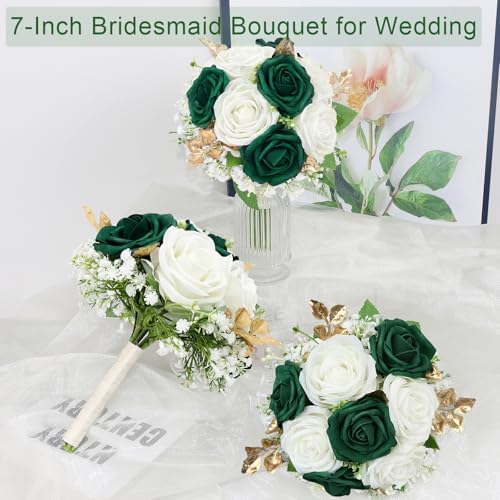 Wedding Bridesmaid Bouquet Set of 4 Artificial Flowers Emerald White Gold