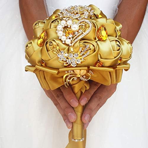 Gold Rhinestone Brooch Wedding Bouquet with Satin Roses and Crystals