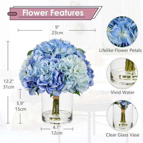 Hollyone Realistic Artificial Hydrangea Flowers in Glass Vase