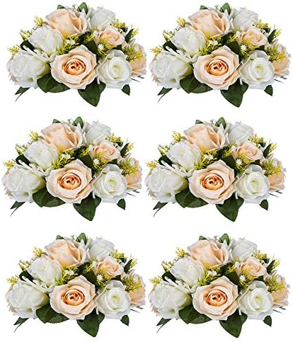 NUPTIO 6 Piece Champagne White Fake Flower Arrangement Bouquet with Base